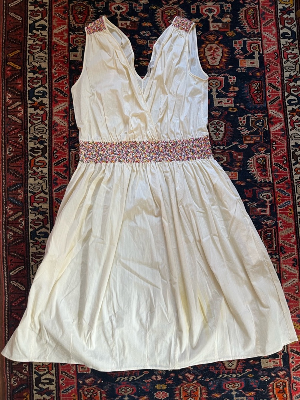 Zac Posen Cream Sleeveless Smocked-Waist Midi Dress with Multicolor Trim